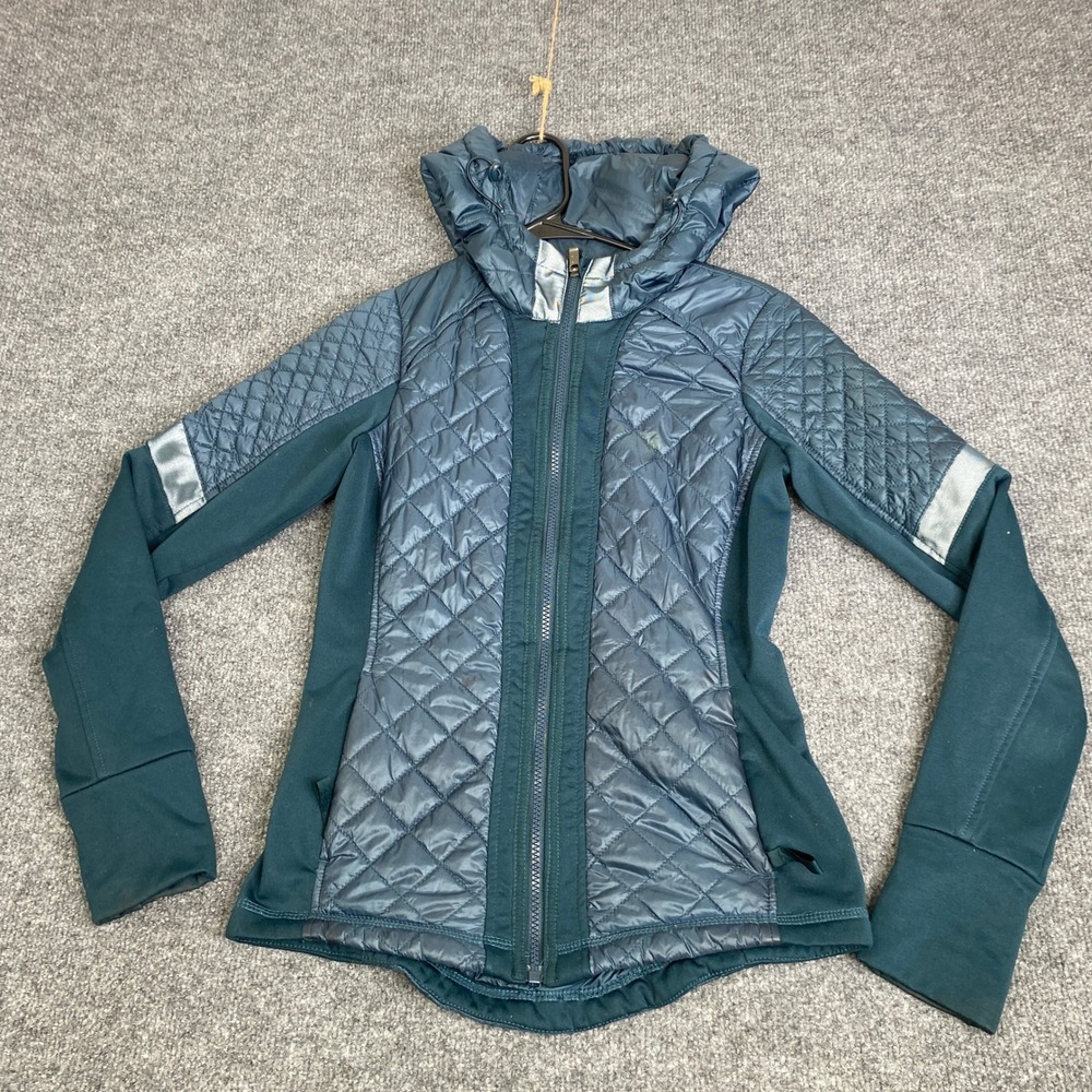 Athleta Womens Hybrid Quilted Hooded Jacket Teal Blue XSP 350371-18-2 Activewear